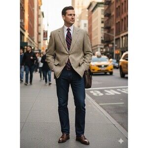 Roundtree & Yorke Men 42R Blazer Houndstooth Sports Coat Wool Linen & Silk Blend